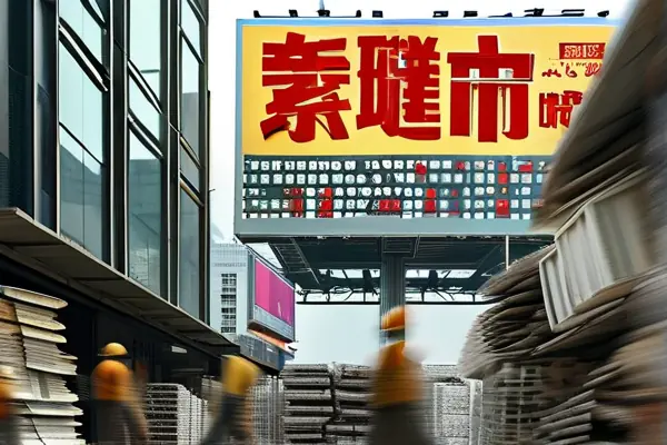 繁忙的建材市場(chǎng)展示最新建材價(jià)格和促銷信息