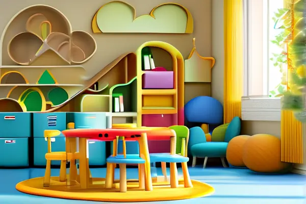 明亮多彩的幼兒園教室，配有兒童尺寸的家具、教育玩具和趣味裝飾，展示安全舒適的學習環境