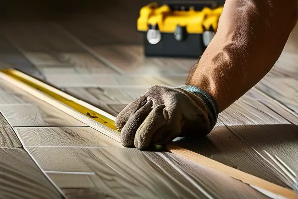 專業工人使用撬棍拆除強化地板過程特寫