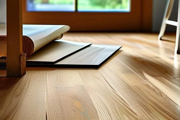 專業(yè)師傅正在鋪設(shè)優(yōu)質(zhì)強化地板,展示多種地板樣品