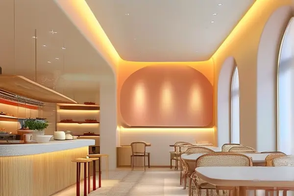 茶餐廳內部裝修效果圖展示空間布局與燈光設計