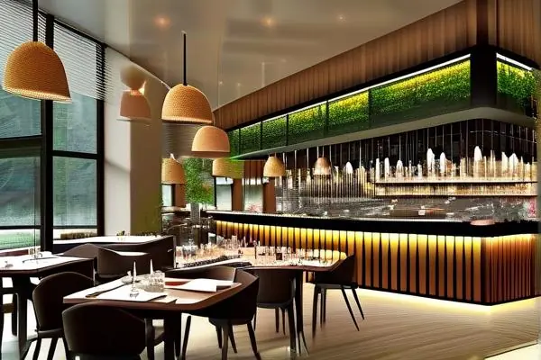 現代餐飲裝修效果圖，展示舒適的用餐環境和開放式廚房設計
