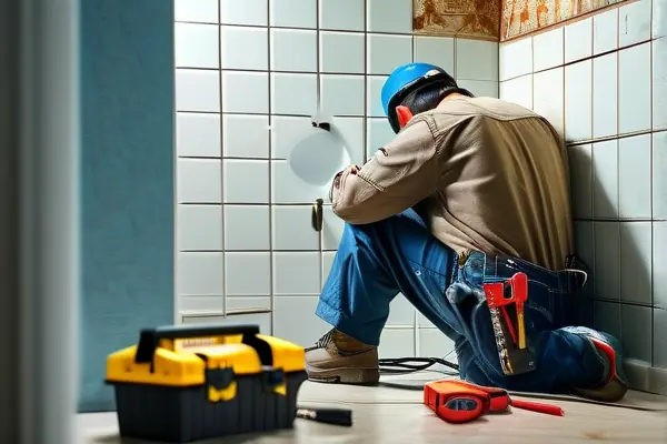 專業師傅使用聽漏儀檢測家裝水管漏水點