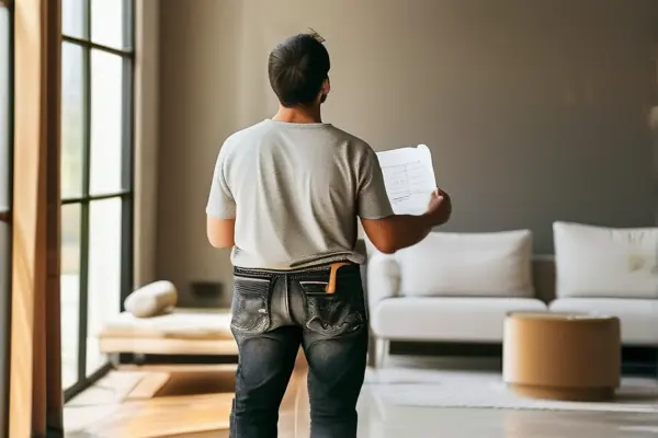 業主使用裝修驗收表檢查新裝修的客廳