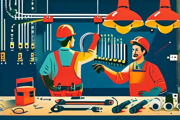 專業電工和水管工在宴會廳施工現場進行水電布線作業