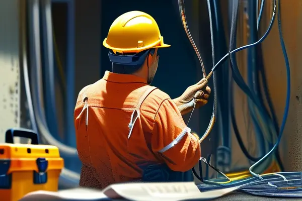 專業(yè)水電工人在新房施工現(xiàn)場(chǎng)安裝管道和線路