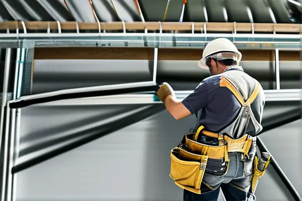 專業水電工人在現代住宅中進行布線和管道安裝的詳細工作場景