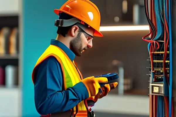 電工師傅正在使用驗(yàn)電器檢測(cè)新房插座線路