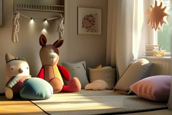 溫馨兒童房中的多彩布藝玩具展示
