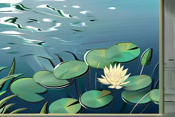 花園池塘中的荷花和睡蓮，水面漂浮著鮮艷的花朵，周圍是郁郁蔥蔥的綠色植物和藍天。