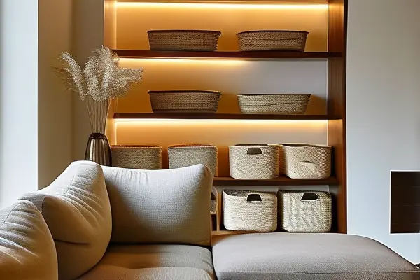 整潔客廳中的布藝收納籃和收納盒