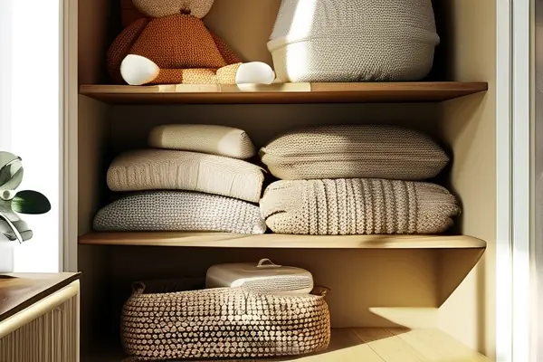 實木墻面懸掛的棉麻材質布藝收納袋使用場景圖