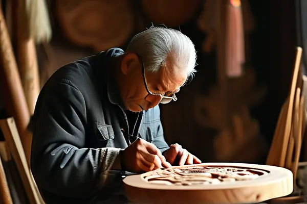 老匠人制作民間手裝修工藝品的場(chǎng)景