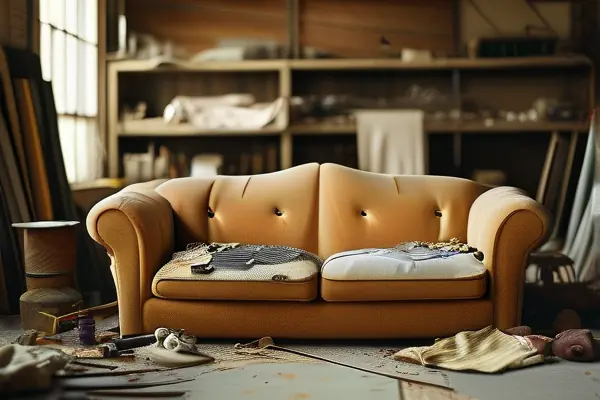 工匠正在進(jìn)行沙發(fā)布藝翻新工作