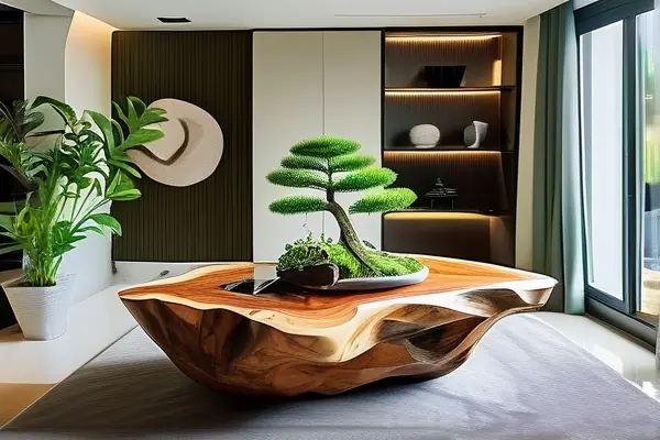 現(xiàn)代客廳中的精美根雕茶幾