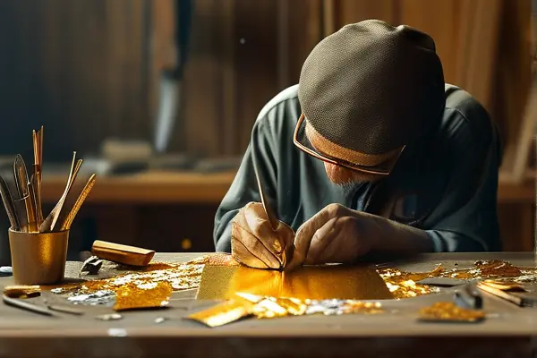 工匠貼金箔工藝過程