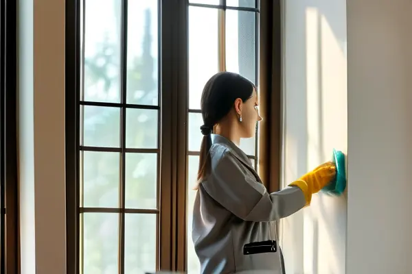 專業保潔人員在新裝修房屋進行清潔工作