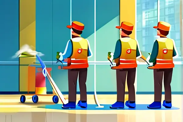 專業(yè)開(kāi)荒保潔團(tuán)隊(duì)在新裝修公寓中進(jìn)行清潔工作