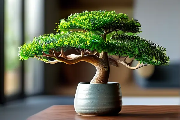 三頭發財樹盆栽，綠葉繁茂，系有紅色絲帶，擺放在明亮的客廳角落