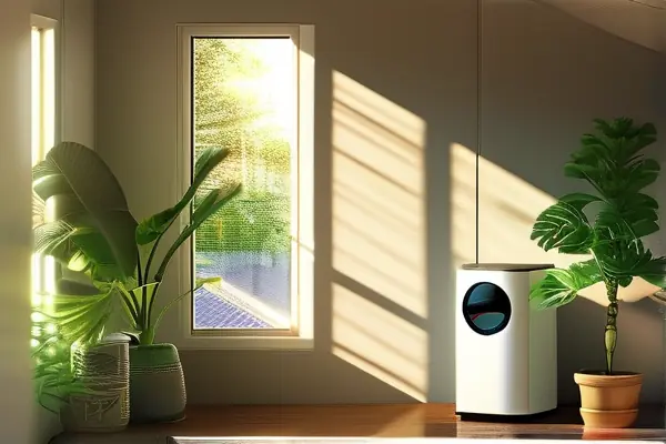 家庭在新居中擺放綠植和使用空氣凈化器除甲醛的場(chǎng)景