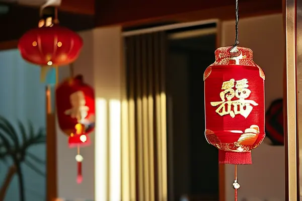 新房門口懸掛的傳統(tǒng)紅色喜慶燈籠