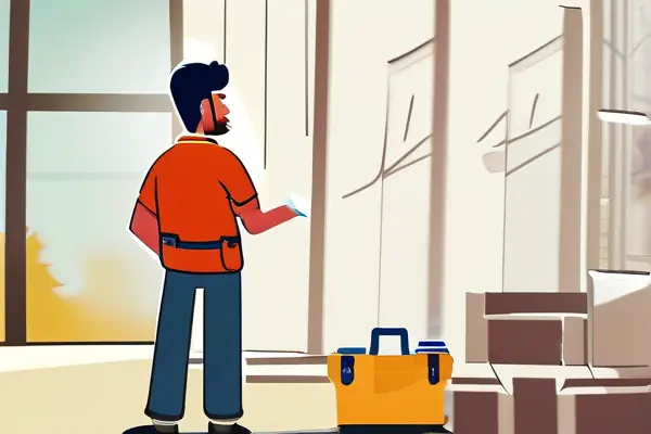 業主在空蕩的客廳里思考選擇全包還是半包裝修