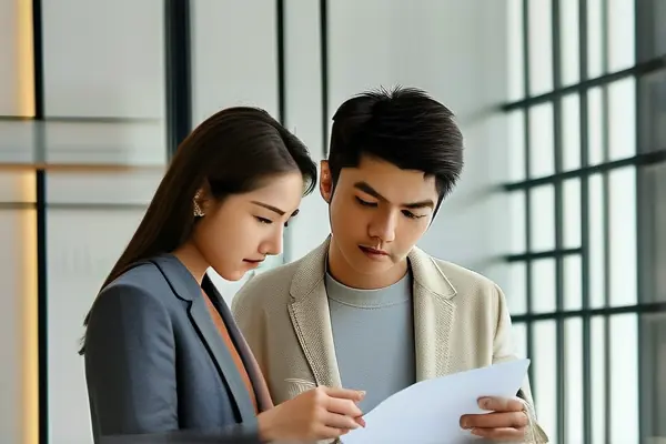 業主與設計師核對裝修合同內容
