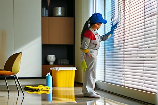 專業(yè)保潔人員在新裝修的客廳進(jìn)行窗戶清潔