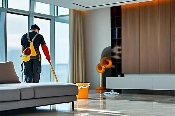 專業(yè)裝修保潔人員在打掃新裝修的客廳