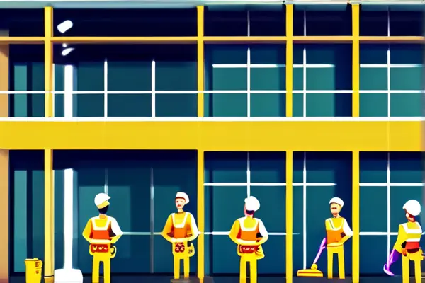 專業(yè)裝修保潔團(tuán)隊(duì)在新房中進(jìn)行清潔工作