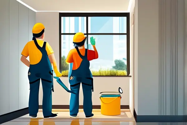 專業(yè)裝修保潔團隊在新房中進行清潔工作