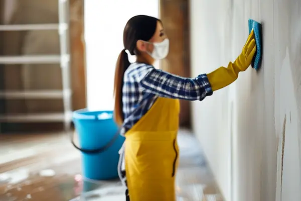 女性進(jìn)行裝修后墻面清潔