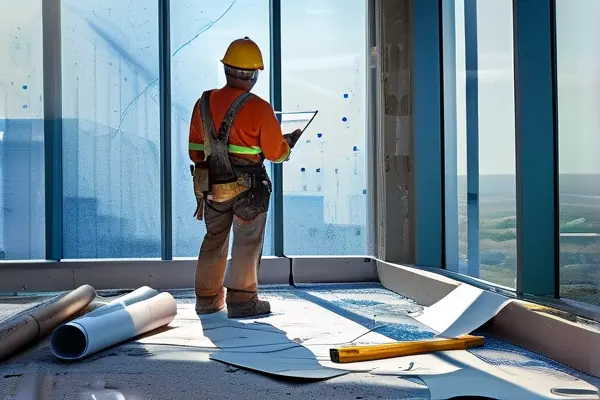 施工人員使用激光儀測(cè)量辦公室墻面進(jìn)行拆改規(guī)劃