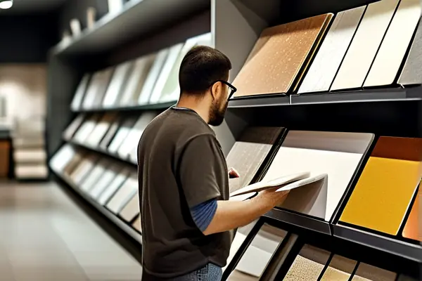 顧客在瓷磚店內(nèi)挑選瓷磚