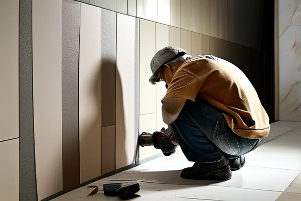 揚(yáng)州家裝師傅正在進(jìn)行瓷磚美縫施工