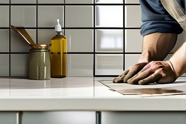 專業(yè)工人正在廚房瓷磚上精細(xì)施工美縫劑