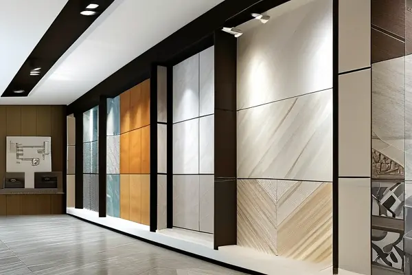 設計師在展廳對比瓷磚樣品與色卡