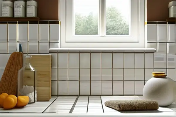 專業瓦工在鋪貼好的瓷磚上進行美縫施工