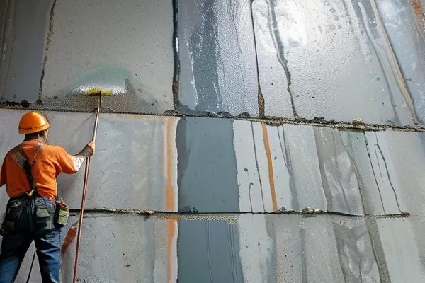 工人施工墻體防水處理現場