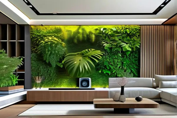 健康安全的客廳環(huán)境，綠色植物和空氣凈化器象征甲醛治理后的清新空氣