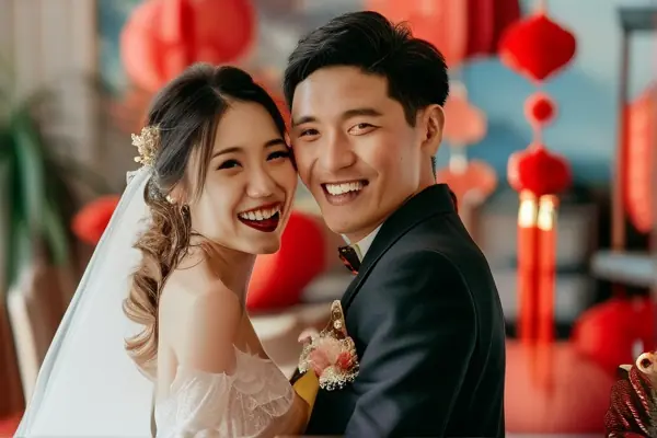 新婚夫婦在風水布局合理的婚房內