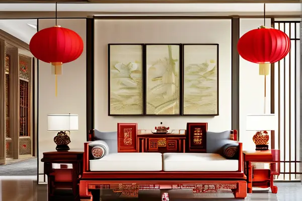 中式風格客廳效果圖,展示木質家具、紅燈籠和精美雕刻