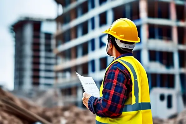 建筑工人查看辦公樓拆除報(bào)價(jià)單