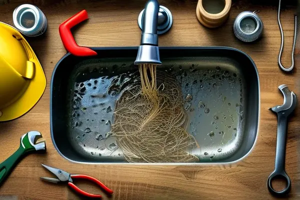 專業人員在裝修現場使用疏通工具清理廚房下水管道