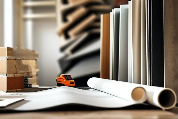 業主查看裝修設計圖紙和材料樣本