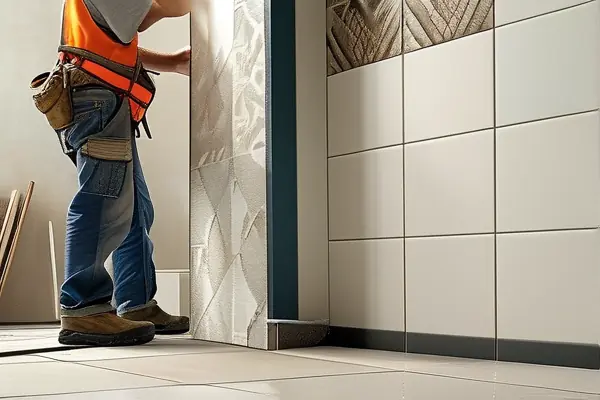 裝修工人鋪設(shè)瓷磚現(xiàn)場