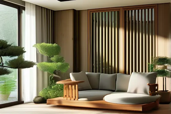 中醫裝修風格的客廳，木質家具與綠植和諧搭配