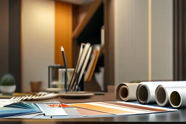 設(shè)計師查看裝修圖紙和材料樣本