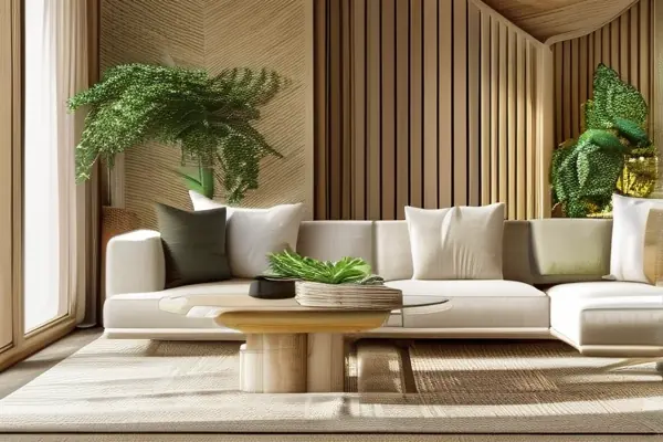綠色裝修的現(xiàn)代客廳，展示環(huán)保家具和自然光線